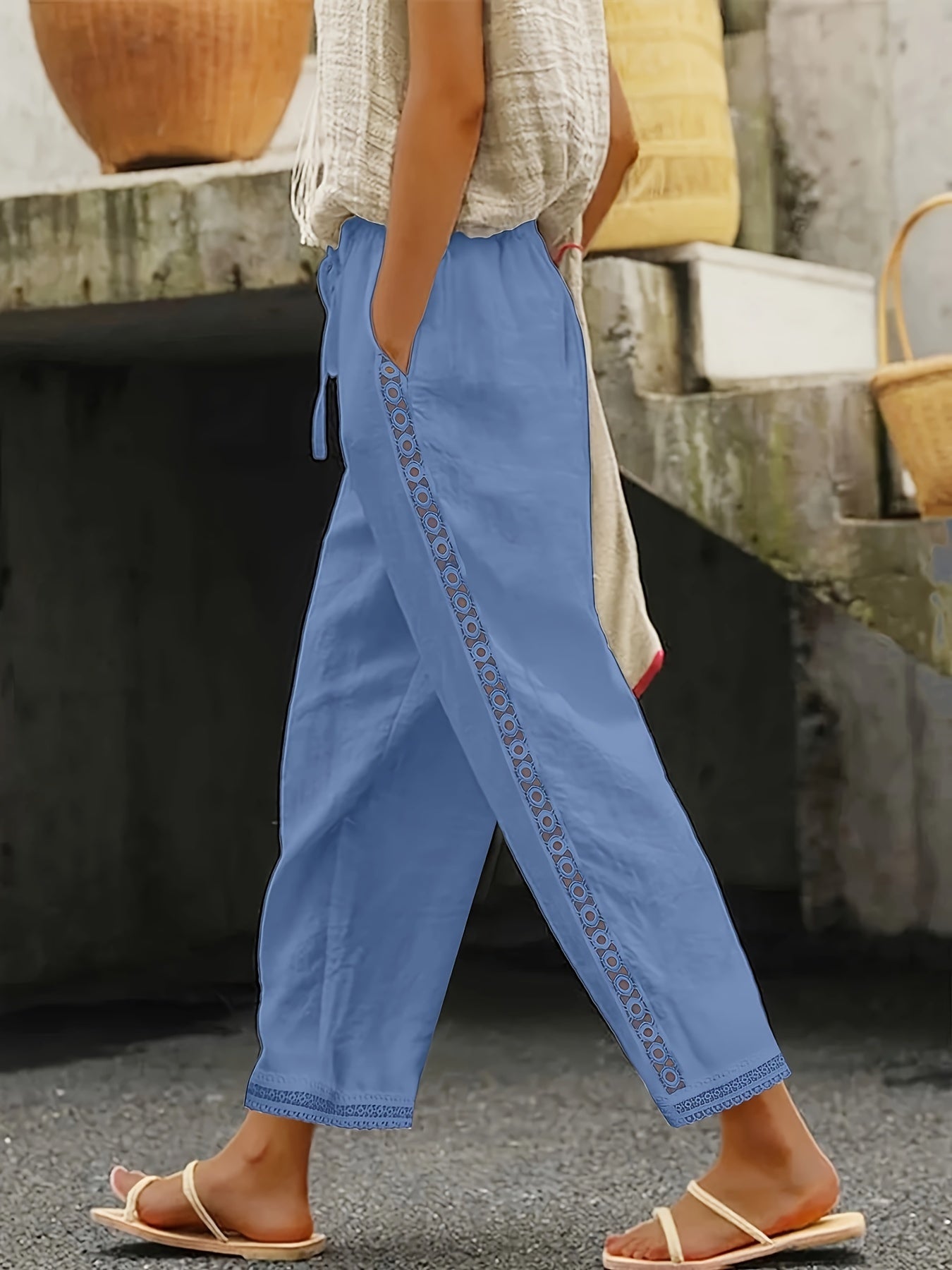 Ava - Lace Splicing Slant Pocket Straight Leg Pants