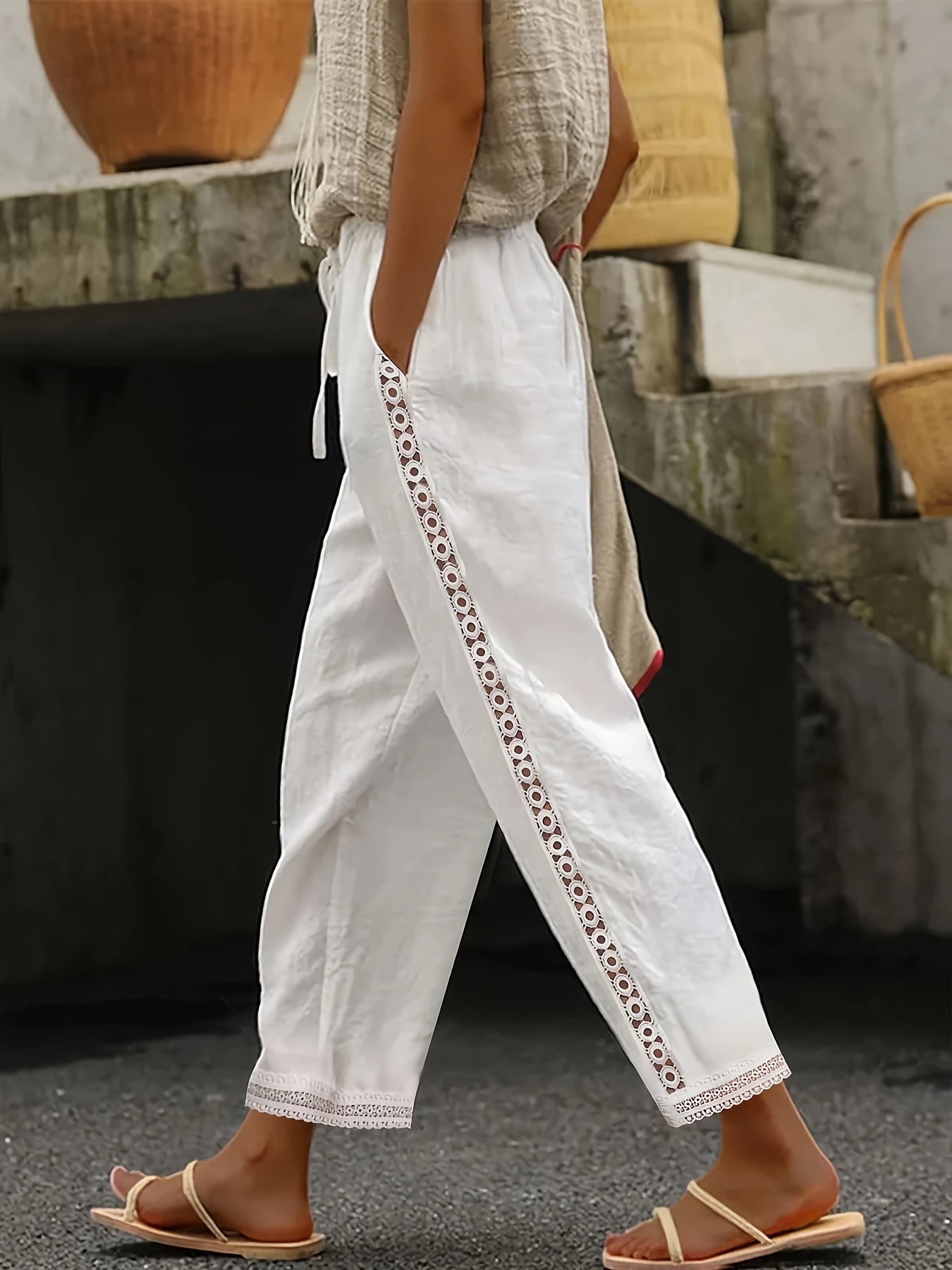 Ava - Lace Splicing Slant Pocket Straight Leg Pants