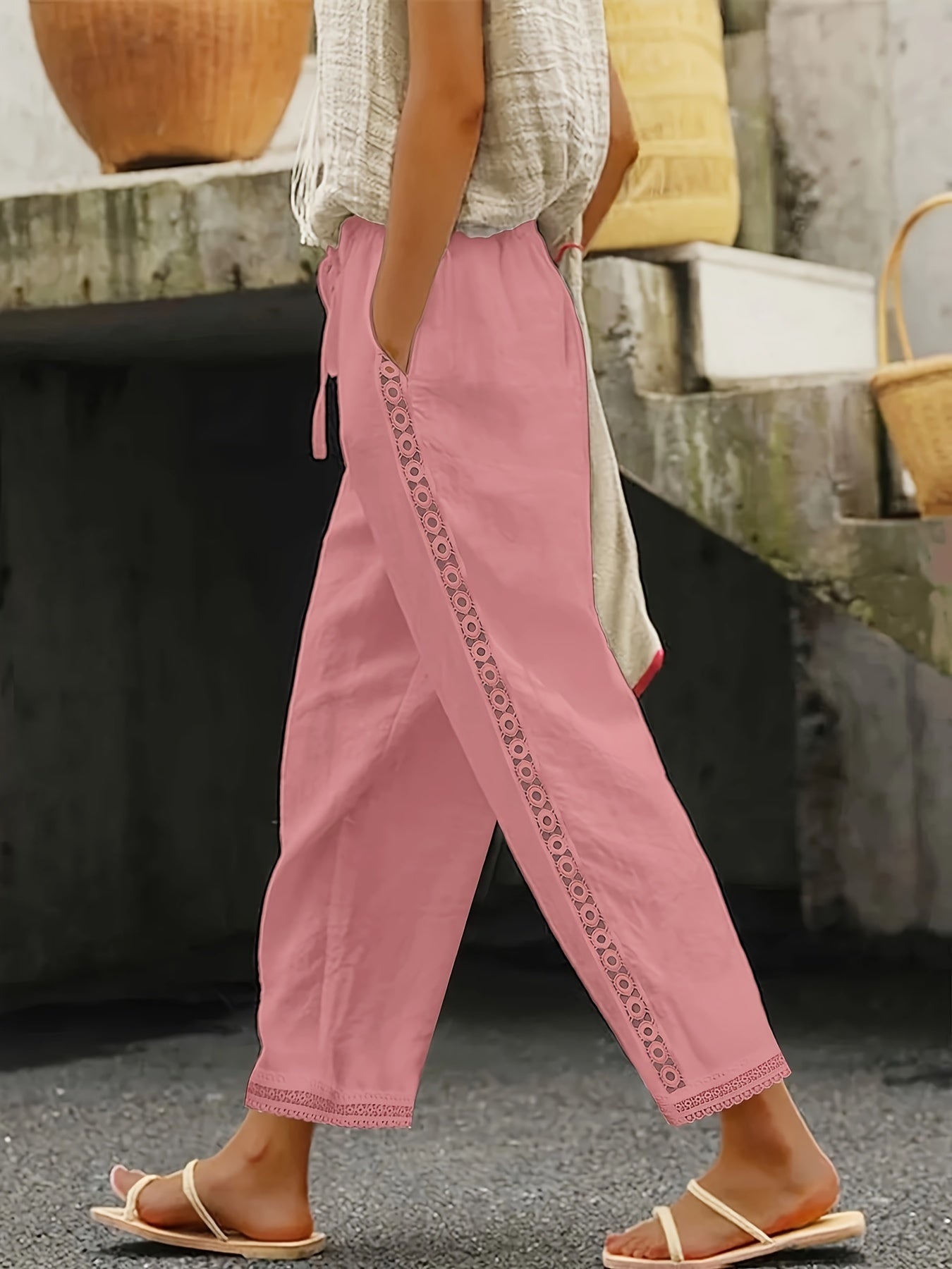 Ava - Lace Splicing Slant Pocket Straight Leg Pants