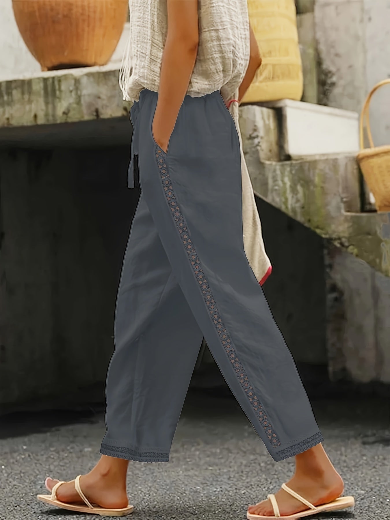 Ava - Lace Splicing Slant Pocket Straight Leg Pants