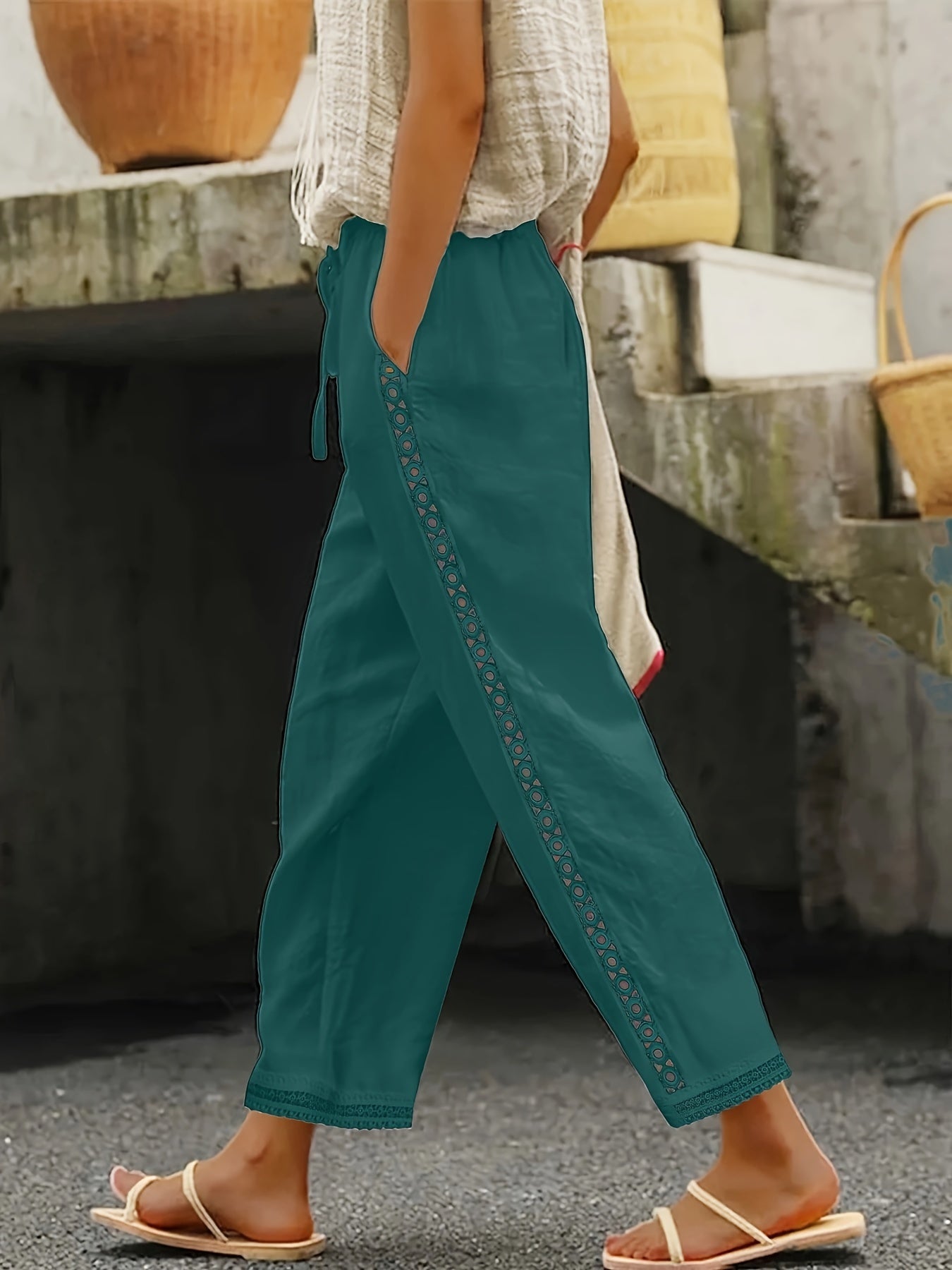Ava - Lace Splicing Slant Pocket Straight Leg Pants