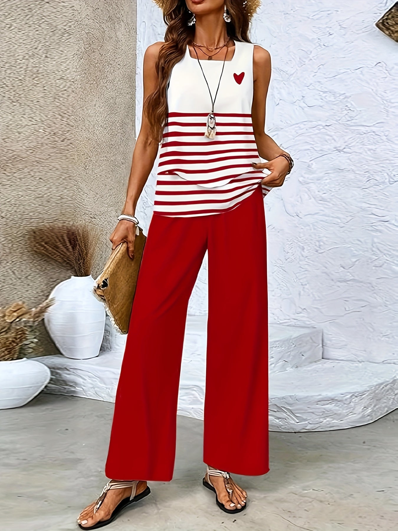 Camille - Twill Stripe Vest And Pants Set