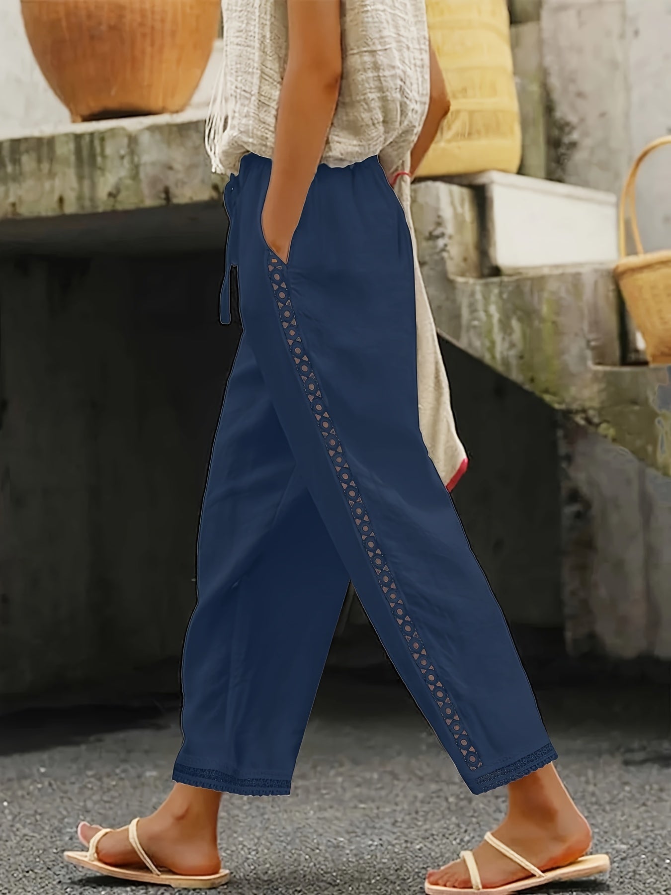 Ava - Lace Splicing Slant Pocket Straight Leg Pants